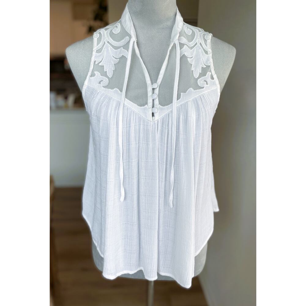 FREE PEOPLE White Western Crosshatch Mesh Tie Front Blouse Size XS